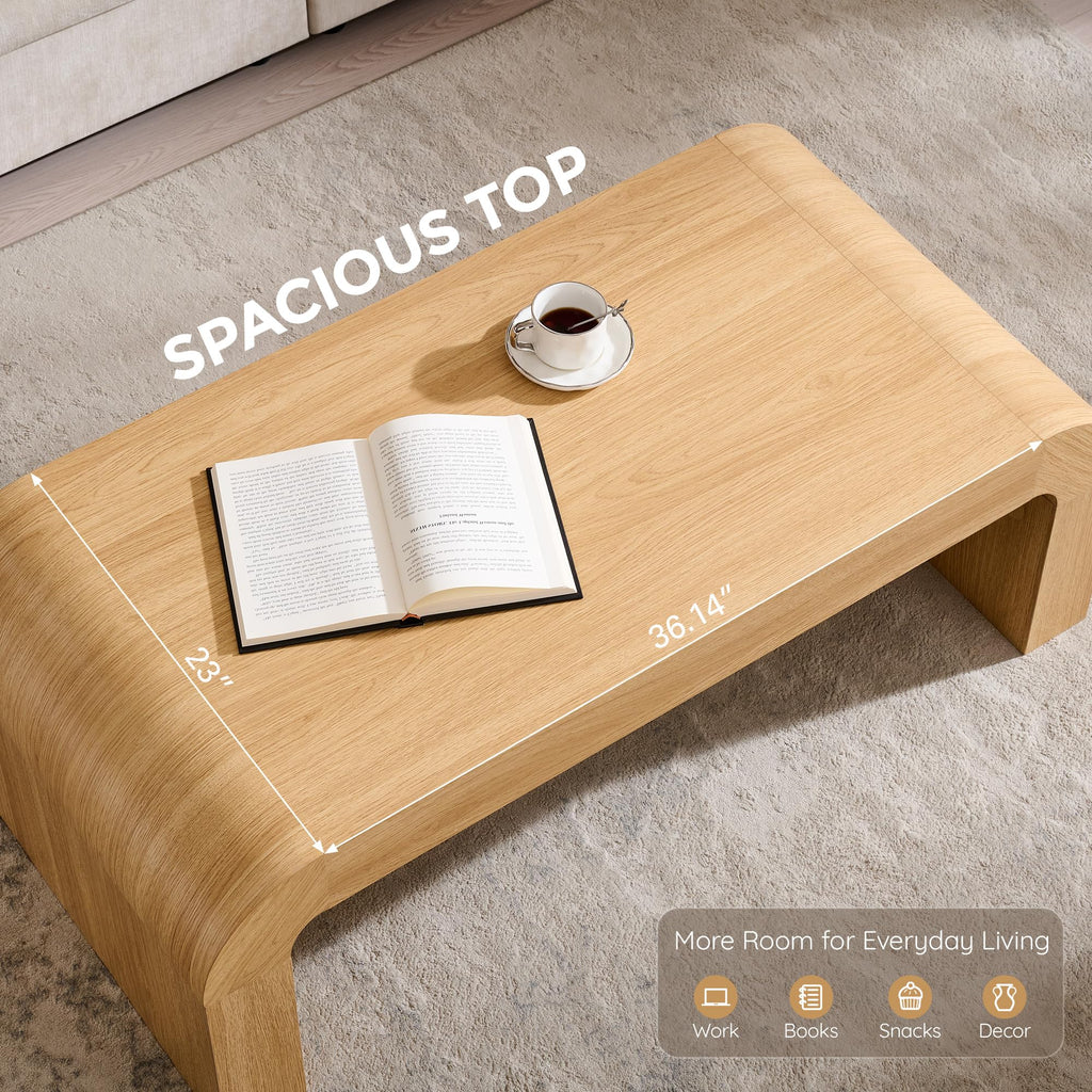 48" Modern Coffee Table, Wooden Curved Center Table, Natural Oak
