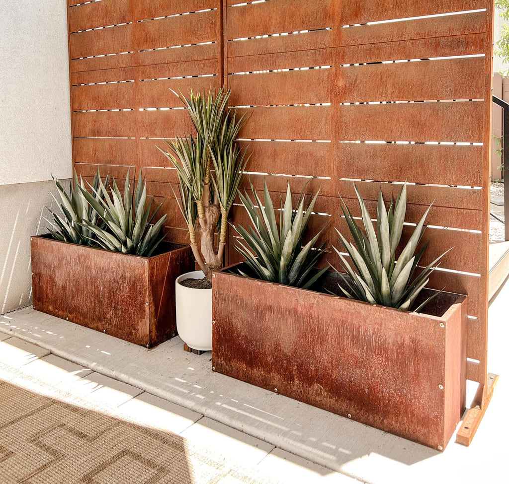 Corten Steel Rectangular Outdoor Planter Box, Rustic & Modern Farmhouse Design, Large Raised Metal Garden Bed for