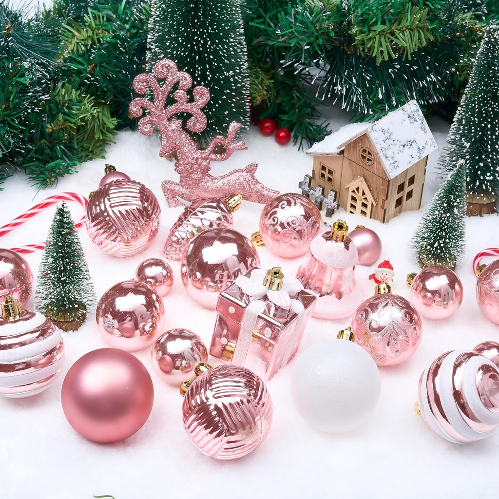 66 Pcs Pink Christmas Balls Ornaments Set, Christmas Tree Ornaments Shatterproof Plastic for Xmas Hanging Decoration