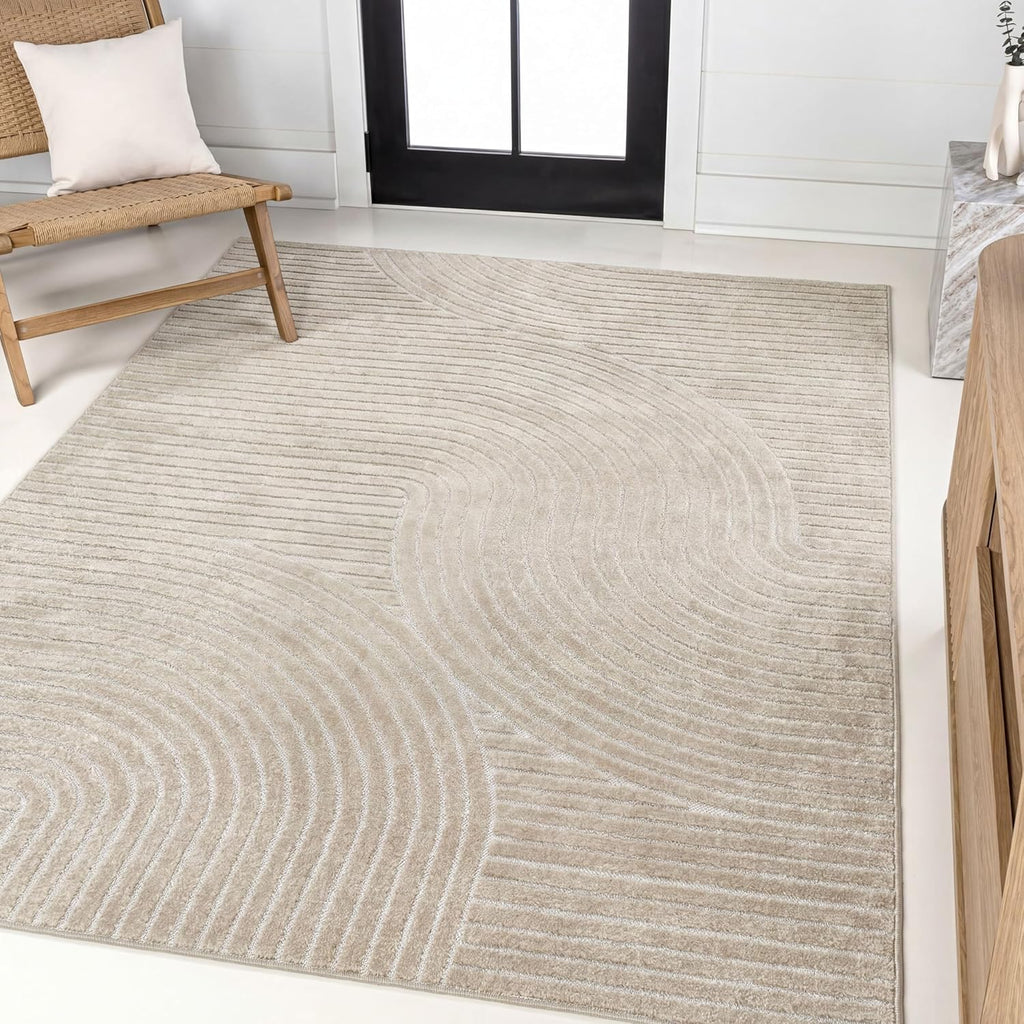 Y Hallie High-Low Curve Beige/Cream 8x10 Indoor/Outdoor Area Rug, Minimalist, Japandi, Geometric