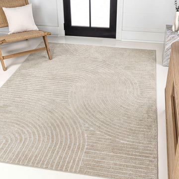 Hallie High-Low Curve Beige/Cream 8x10 Indoor/Outdoor Area Rug, Minimalist, Japandi, Geometric, Pet Friendly