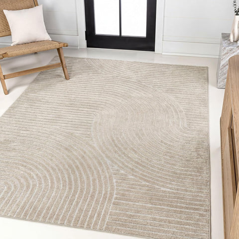 Y Hallie High-Low Curve Beige/Cream 8x10 Indoor/Outdoor Area Rug, Minimalist, Japandi, Geometric