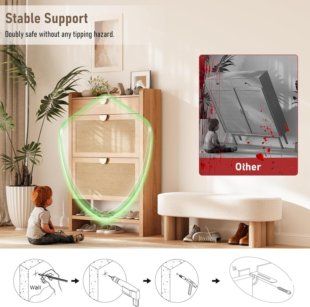 Rattan Shoe Storage Cabinet, Shoe Organizer with 2 Flip Drawers, Narrow Shoe Cabinet, Free Standing Hidden Shoe