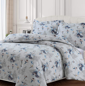 Cotton Flannel Duvet Cover Set - Oversized, Ayana Floral, 170 GSM, 3-Piece Luxury Bedding, Snowman Navy Red