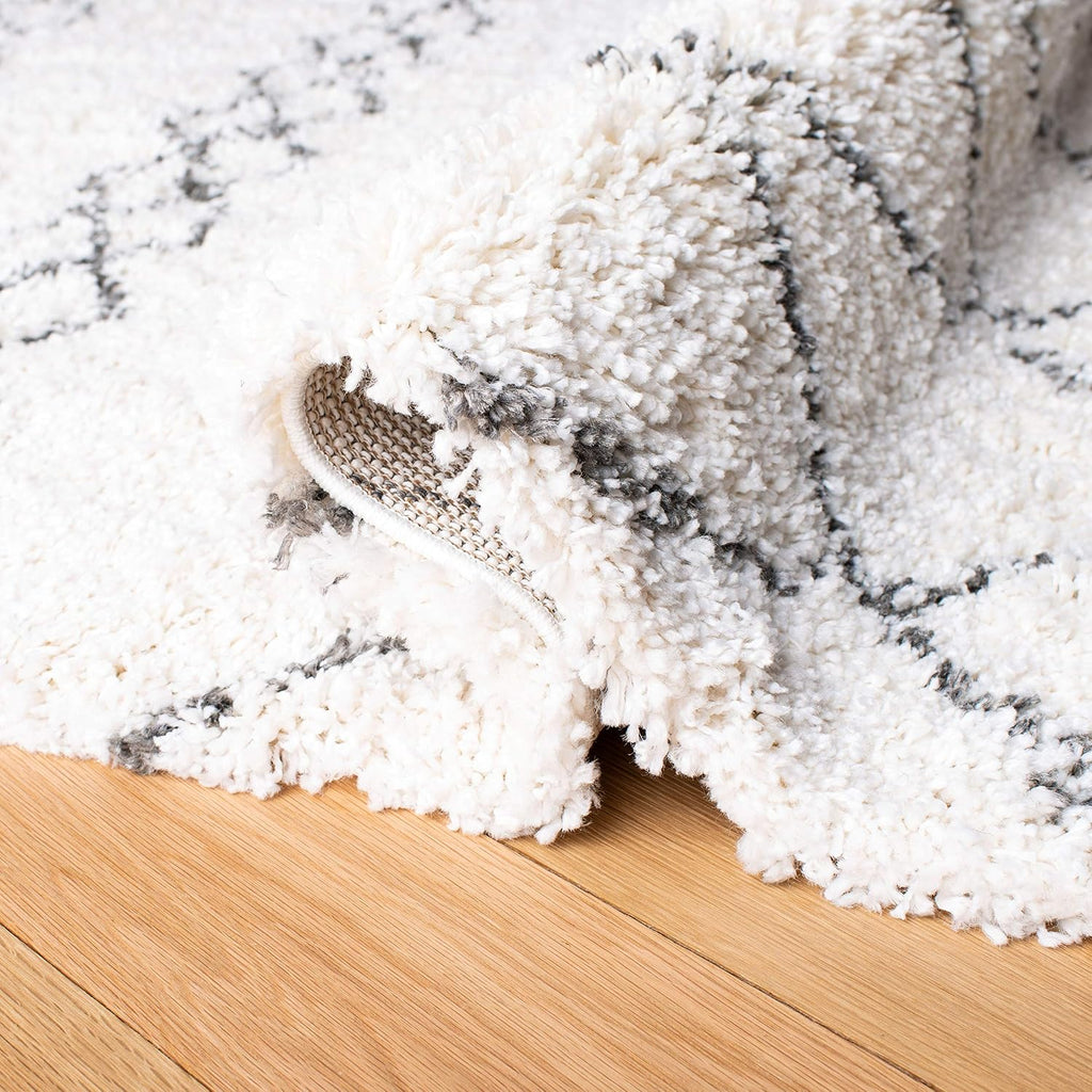 Area Rug - Moroccan Fringe Shag Collection - Large - Ivory & Grey, Boho Design, Non-Shedding & Easy Cleaning