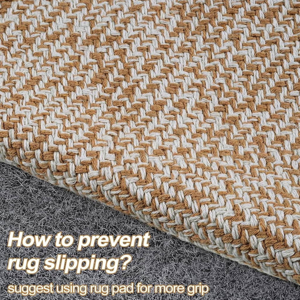 Boho Living Room Rugs, 5x8 Washable Woven Cotton Modern Bedroom Rugs | Farmhouse Tan Braided Floor Carpet Rug Room