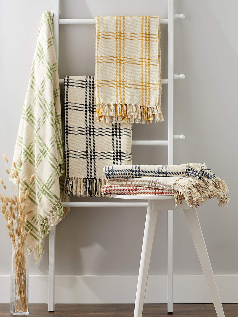 Modern Farmhouse Plaid Collection Cotton Fringe Throw Blanket, 50x60, White/Vintage Red