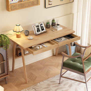 Solid Wood Desk with Drawers - 47.2 Inch Writing Desk with Drawers & Storage Shelf, Simple Modern Study Table, Home