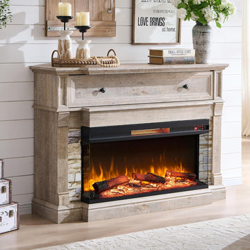 52" Electric Fireplace with Mantel, Freestanding Fireplace Heater TV Stand with 36" 3-Side Glass Insert for TVs Up to