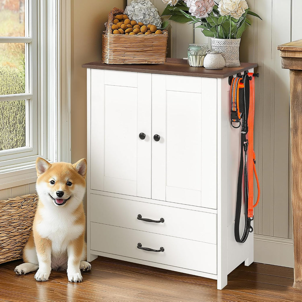 Modern Dog Food Storage Cabinet with 2 Adjustable Doggy Bowls, Pet Feeding Station with Drawer and 3 Hooks for Dogs