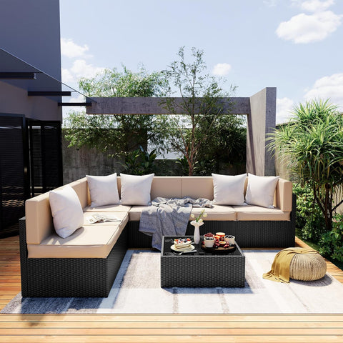 Pamapic 7 Pieces Outdoor Sectional Furniture，Wicker Patio sectional Furniture Sets，All-Weather Rattan Sectional Sofa