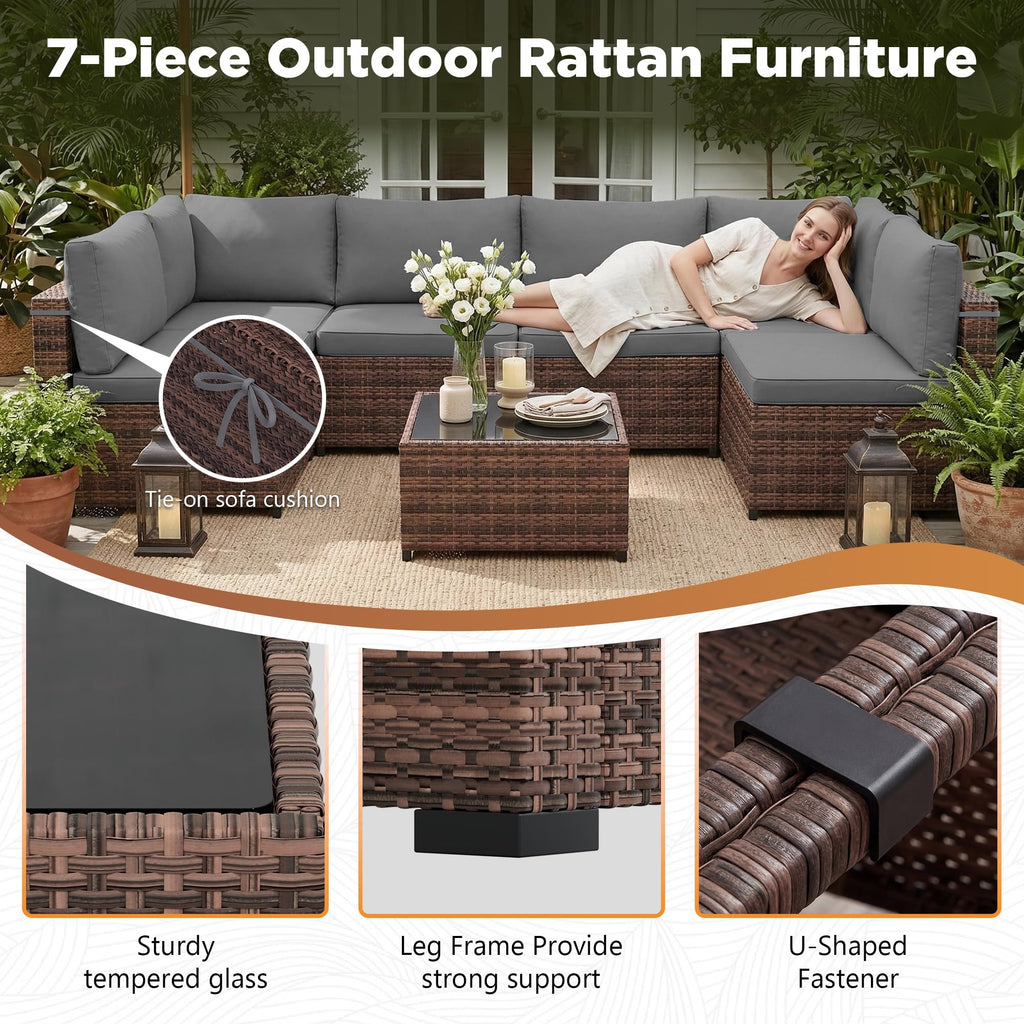 7 Pieces Outdoor Wicker Rattan Patio Furniture, Outdoor Sectional Set Patio Sofa with Coffee Table & Grey Cushions