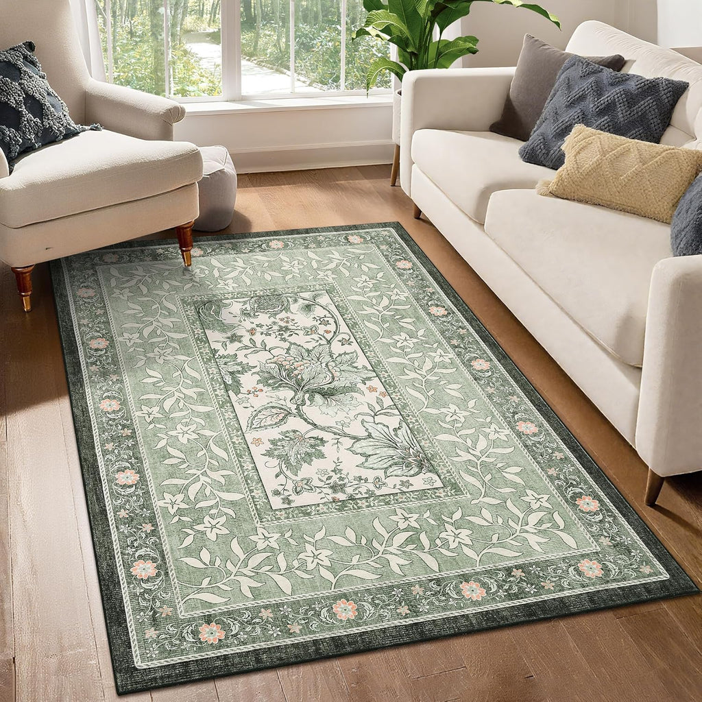 Provence 5x7 Area Rugs, Botanical Grove Sage Green Vintage Cottagecore Non-Slip Washable Rug