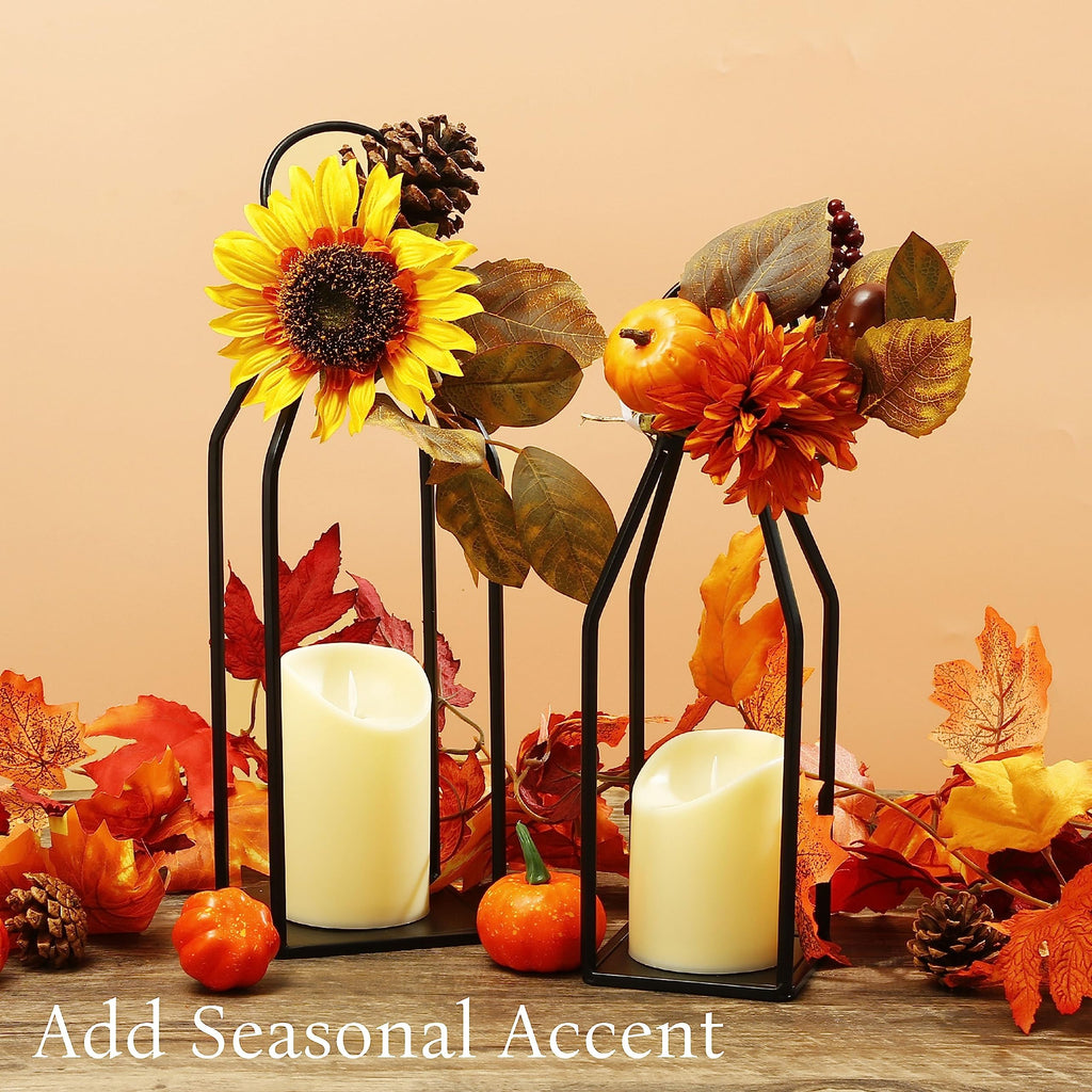 Modern Farmhouse Lantern Decor, 15'' 13'' Set of 2 Black Metal Lantern, 2 LED 6hr Timer Flameless Candles & Remote