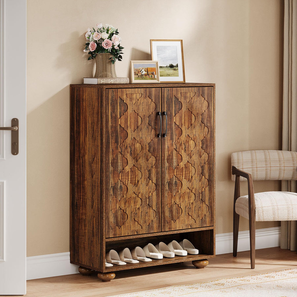 Shoe Cabinet, Farmhouse Tall Shoe Cabinet with Doors and Adjustable Shelves, Solid Wood Shoes Storage, Foyer