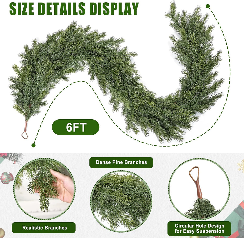 6 Ft Realistic Christmas Cedar Garland, Thick Faux Green Garland