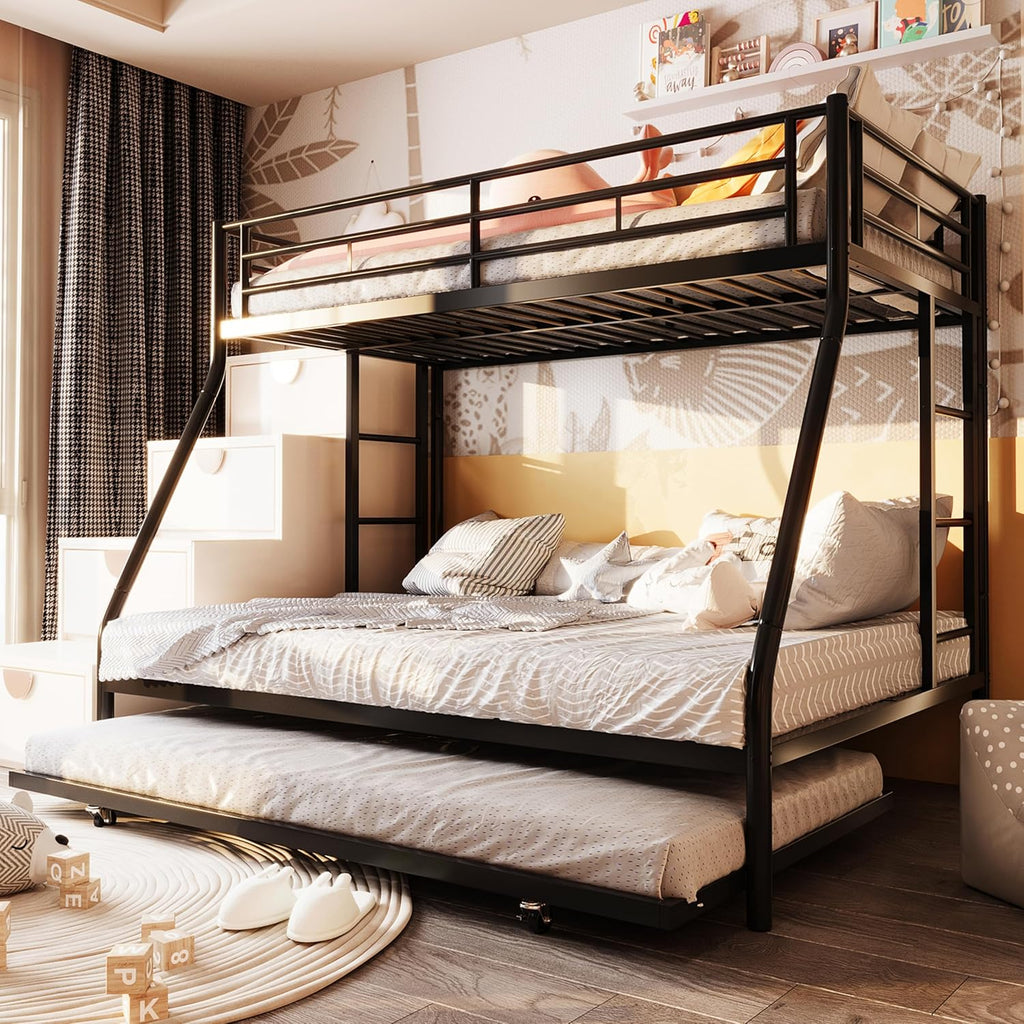 Twin Over Full Bunk Beds with Trundle, Heavy Duty Metal Triple Bunk Bed Frame