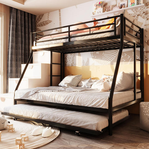 Twin Over Full Bunk Beds with Trundle, Heavy Duty Metal Triple Bunk Bed Frame