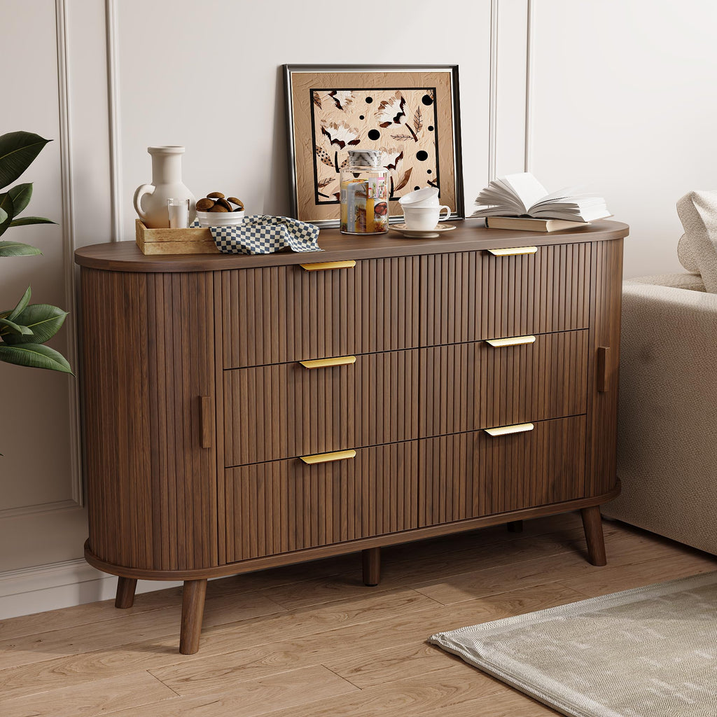 Fluted 6 Drawer Dresser, 55" Mid Century Modern Chest of Drawers