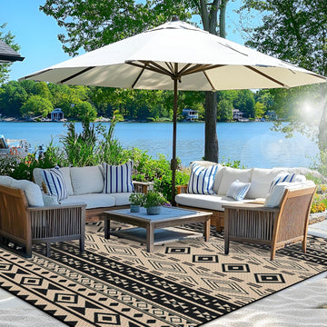 Outdoor Rug 8x10 ft, Boho Black & Beige