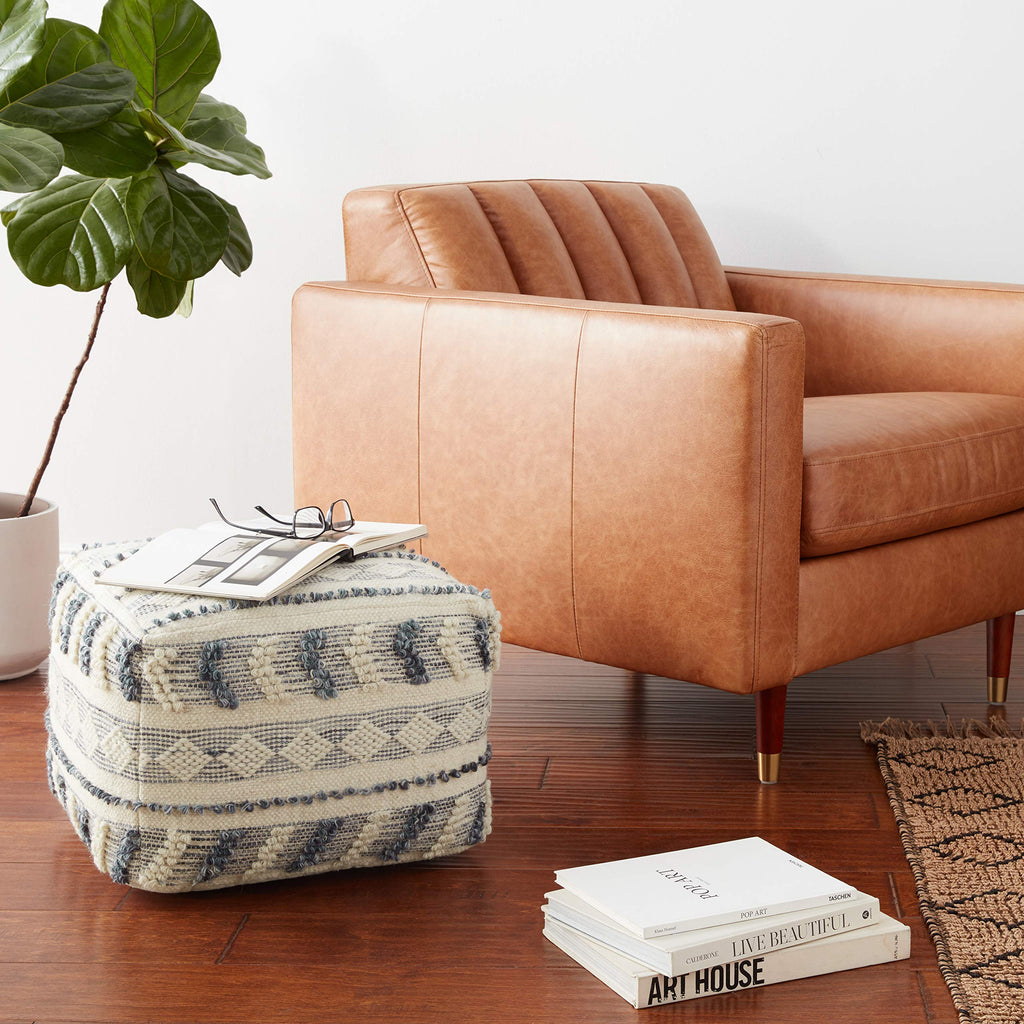 LR Home Navy and Ivory Tufted Geometric Pouf, Model