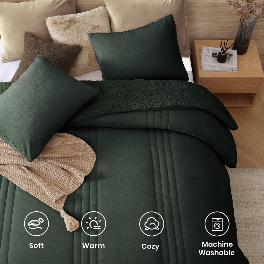 Comforter Sets Sherpa Fuzzy Bedding 3 Pieces, Deep Forest
