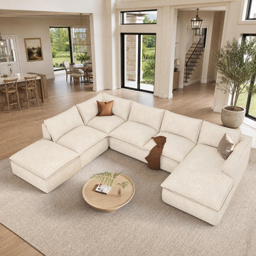 142" 7 Seater Large Boneless Modular Couch, White Plush Corduroy