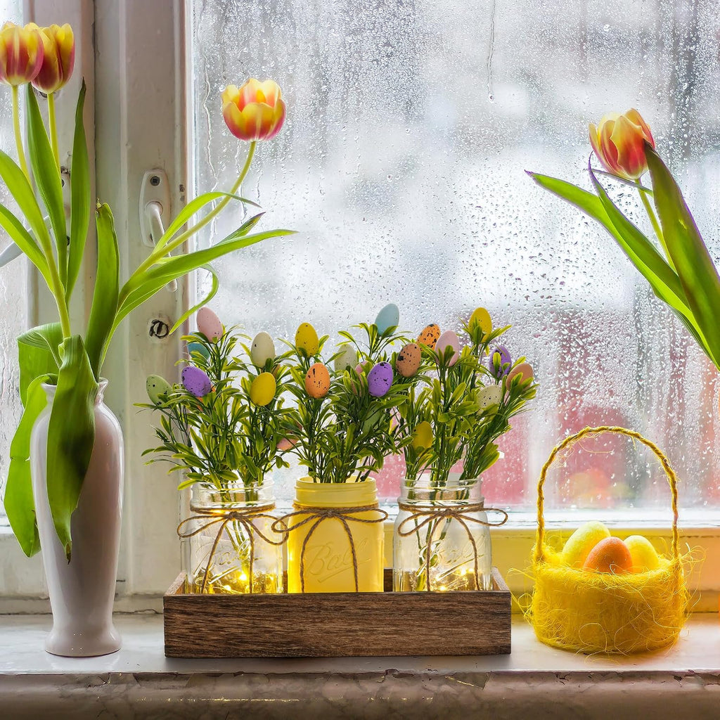 Easter Centerpiece Table Decorations for Table Runner Farmhouse Coffee Table Decor with Wood Tray and Led Light Table - Set of 3