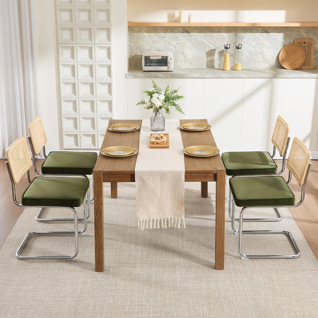 Zesthouse Natural Rattan Dining Chairs Set of 2, Olive Green Modern Kitchen Chairs with Solid Wood Back & Chrome Base