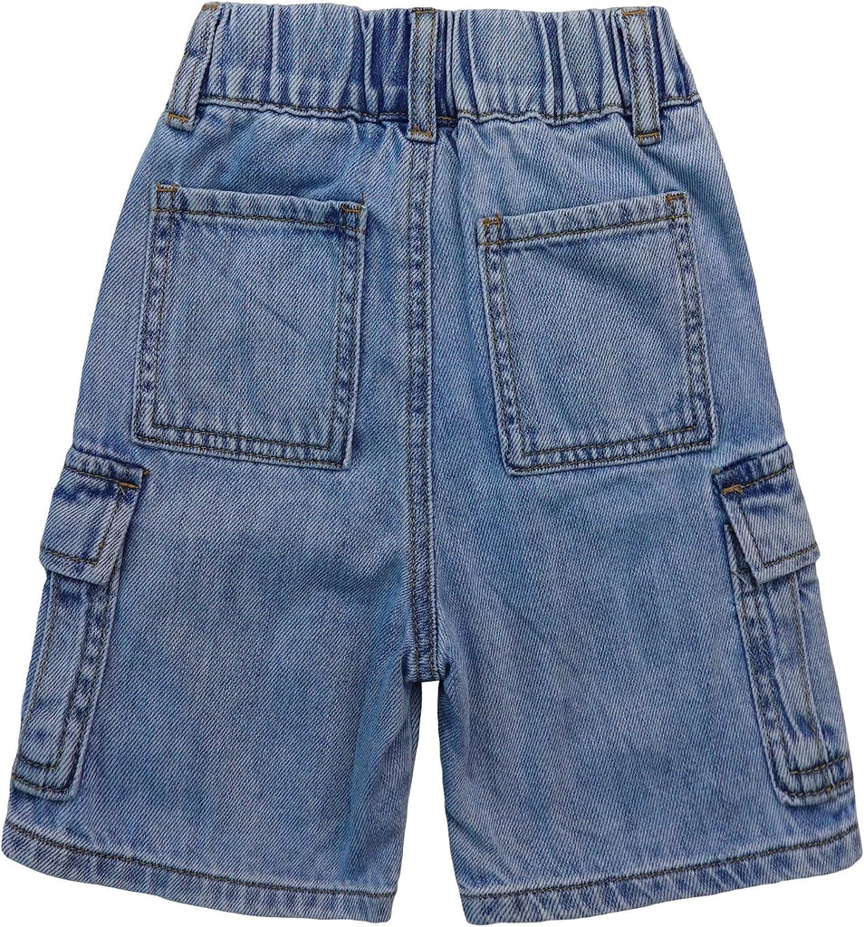 Boys Girls Cargo Denim Jeans Shorts Ribbed Elastic Half Pants