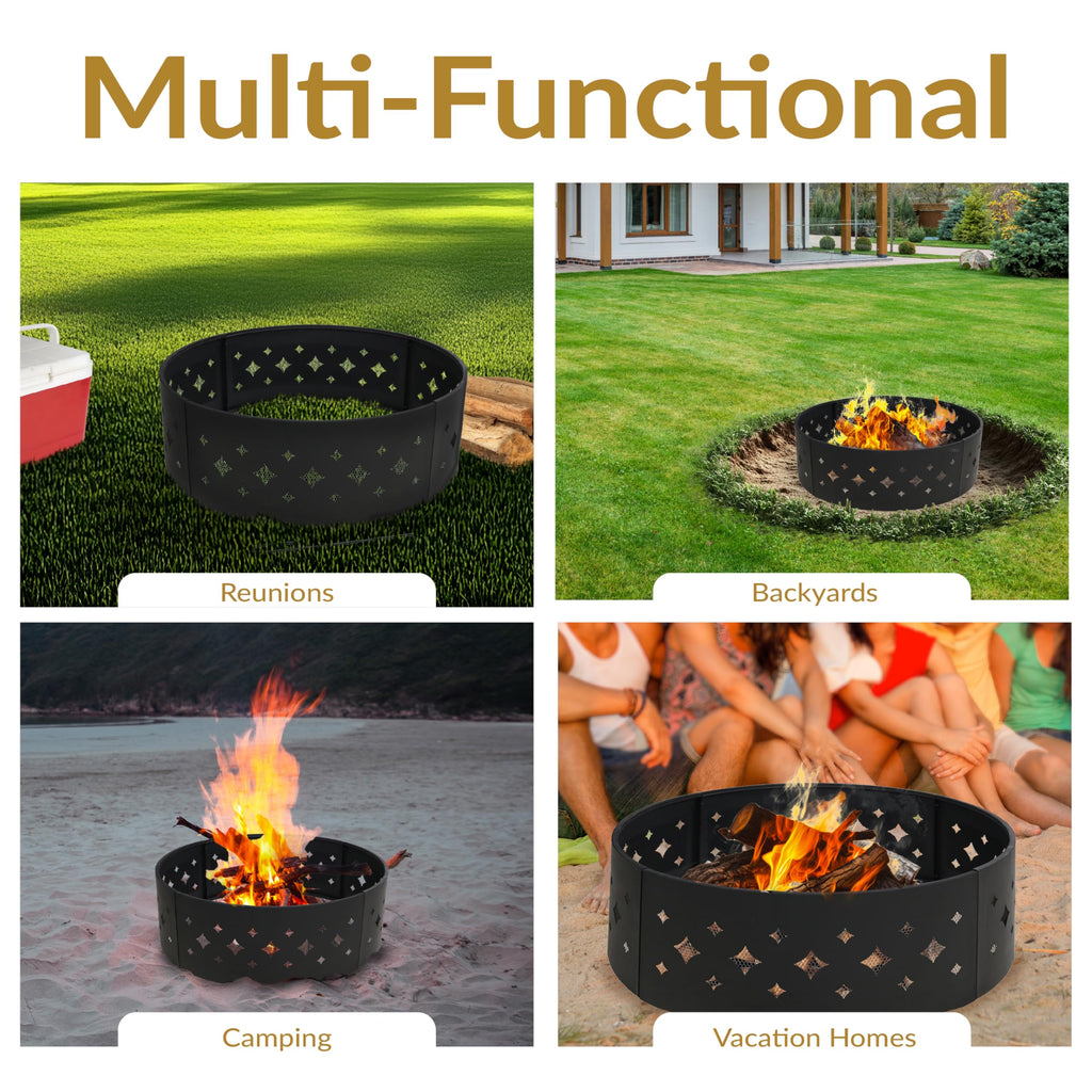 36-Inch Fire Pit Ring for Outside Wood Burning, Diamond Cutouts