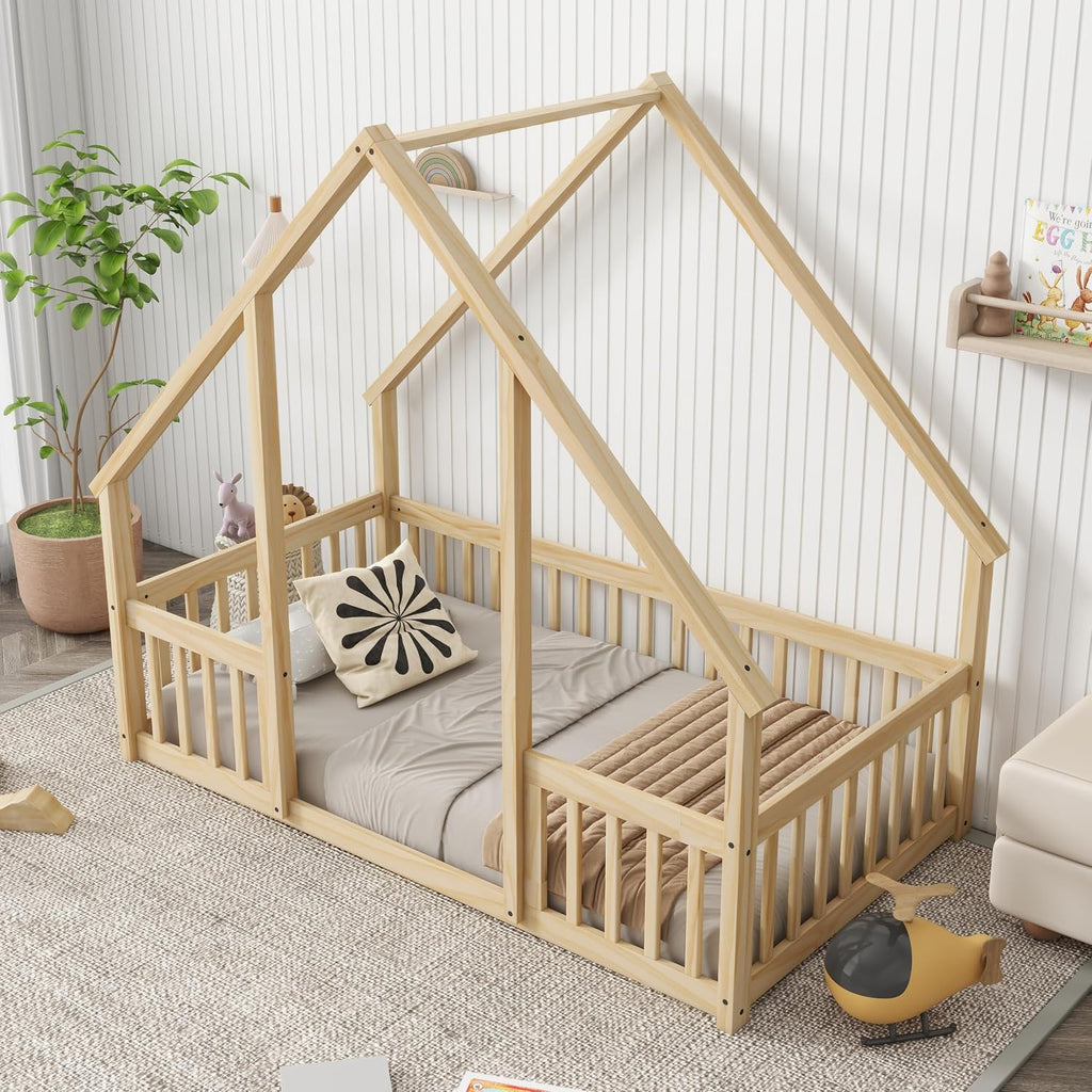 House-Shaped Floor Bed with Safety Guardrails, Natural