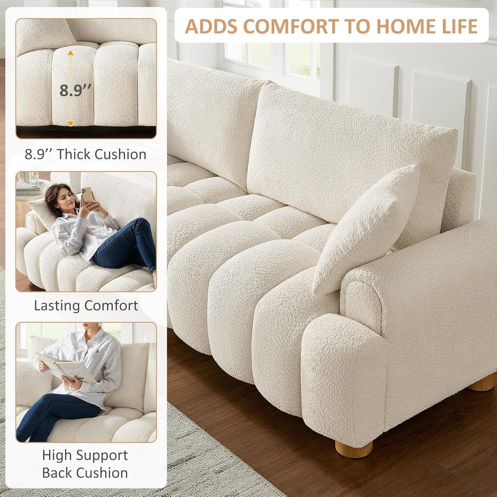 VANOMi Boucle Sofa Couch, 91" Comfy Tufted Upholstered Cloud Couches, Modern 3 Seater Sofa with Pillows