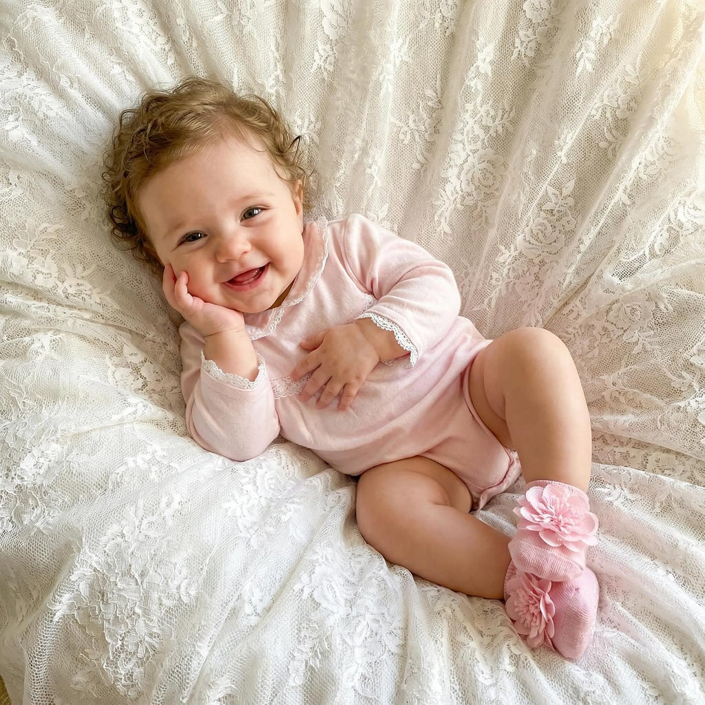 Baby Girl Socks with Non-Slip Grips, 4 Pairs Cute Soft Cotton Breathable Flower Infant Ankle Socks
