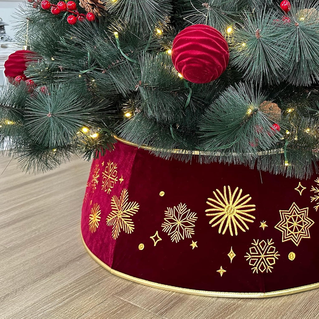 28-Inch Velvet Burgundy Christmas Tree Collar with Embroidered Snowflakes, Foldable Tree Ring Base Cover for 5-7 ft