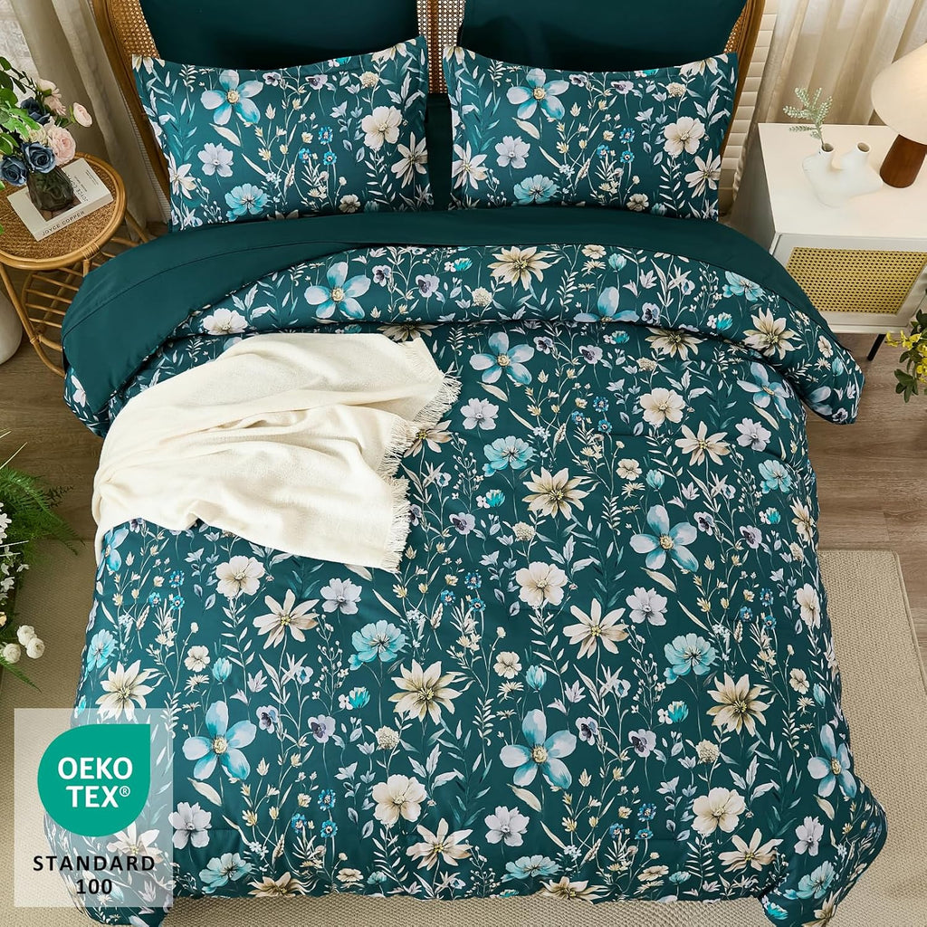 Luxudecor Queen Floral Comforter Set 7 Pieces,Teal Floral Comforter with Sheet Set,Flowers Leaves Pattern Bed in a