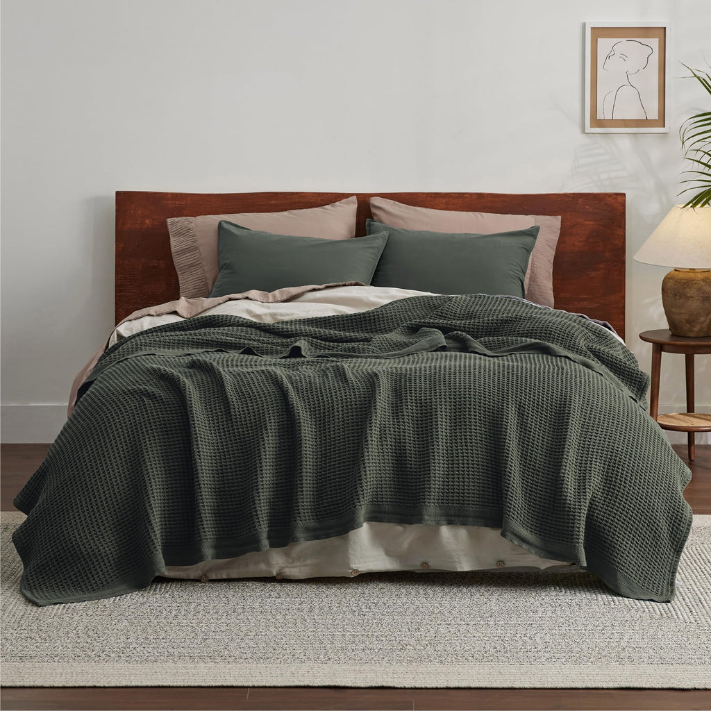 100% Cotton Blanket, Waffle Weave, Queen Size, Olive Green, 90"x90"