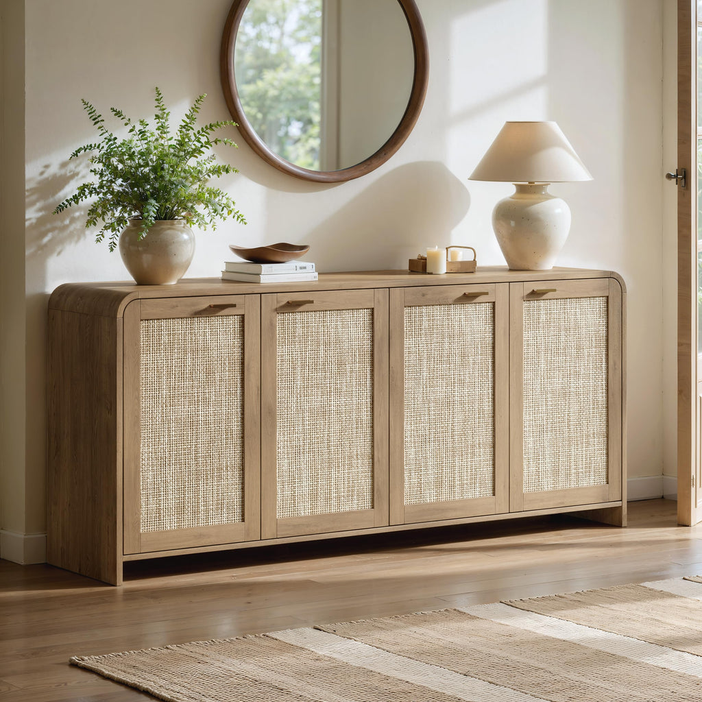 67" Rattan Sideboard Buffet Cabinet with Storage, Caramel Oak