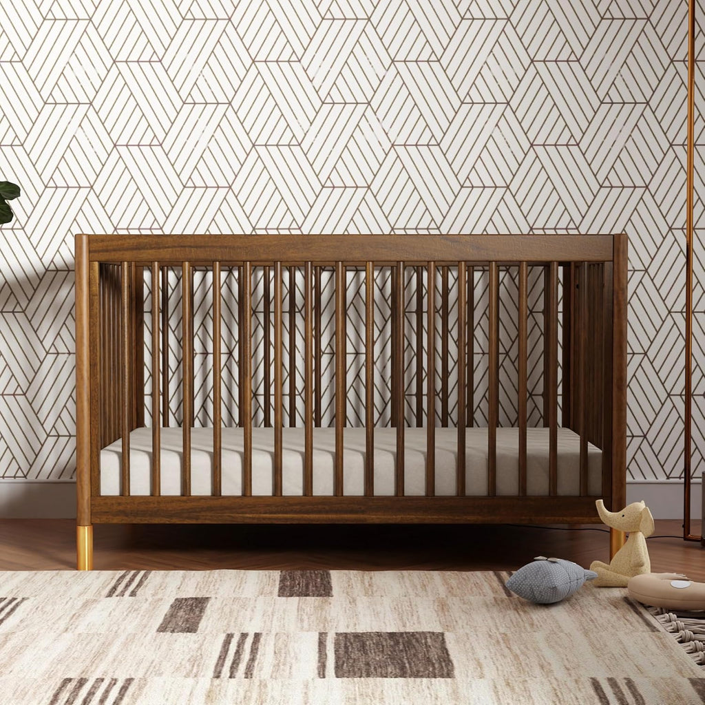 Gelato 4-in-1 Baby Crib, Natural Walnut & Brushed Gold Feet | GREENGUARD Gold Certified Convertible Crib - Converts