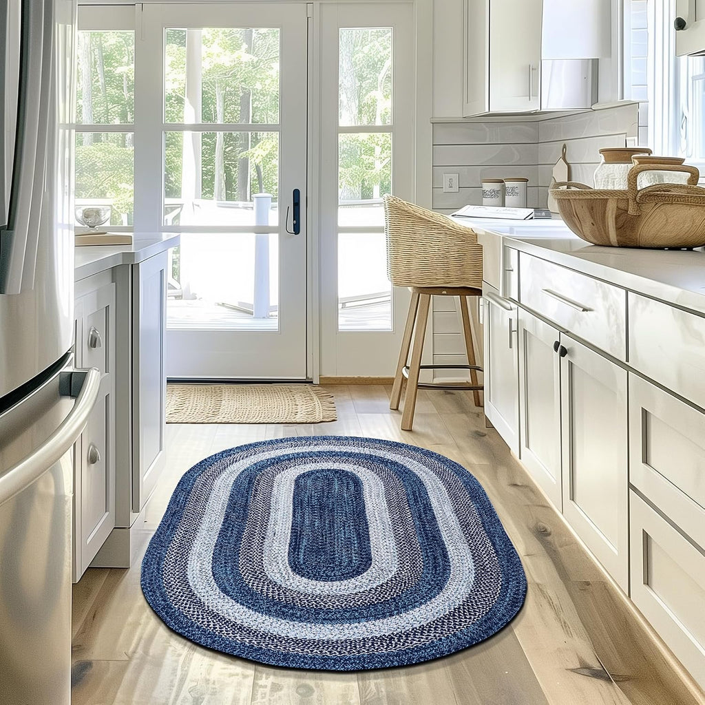 Rustic Aqua Blue/White/Black Oval Braided Rug /Foyer, Washable Outdoor Rug /Porch 3' x 5' Oval