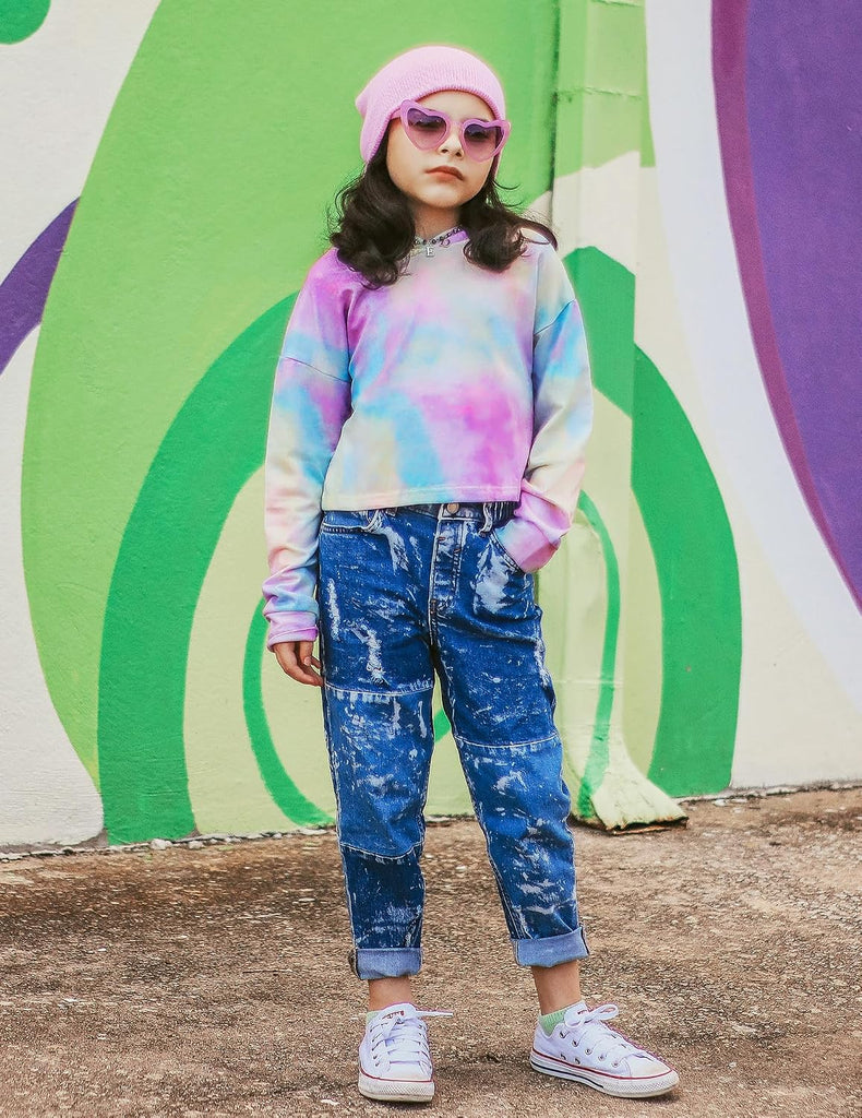 Girls Cropped Hoodie Kids Long Sleeve Crop Tops Tie-dye Hoodies Hooded Pullover Sweatshirts