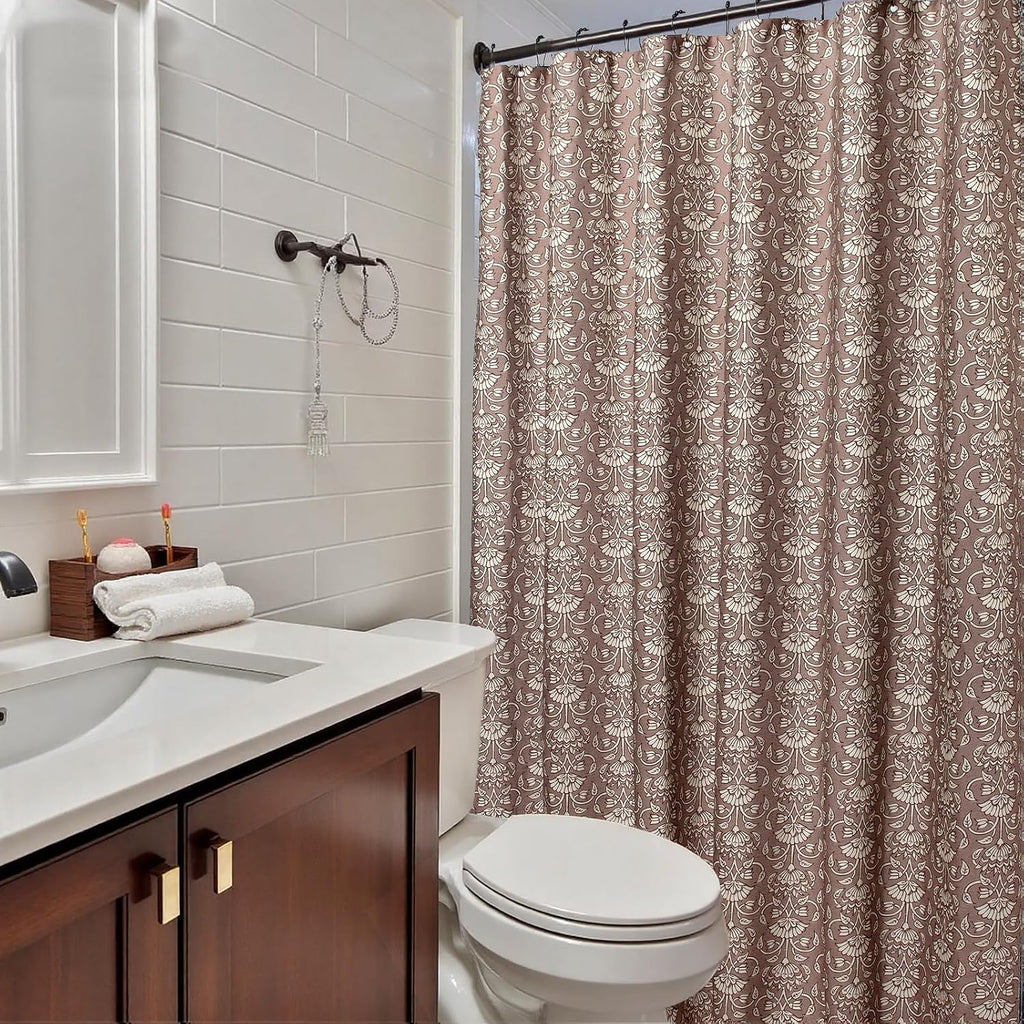Camel Shower Curtain Vintage Floral Block Print - 72x72 Inches,Cotton Blend Cloth Fabric,Neutral Farmhouse Decorative
