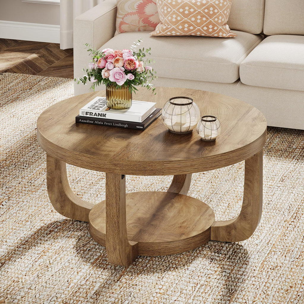 Round Coffee Table, 2-Tier Circle Coffee Table with Storage, Modern Wooden Accent Center Table, Thick Tabletop &