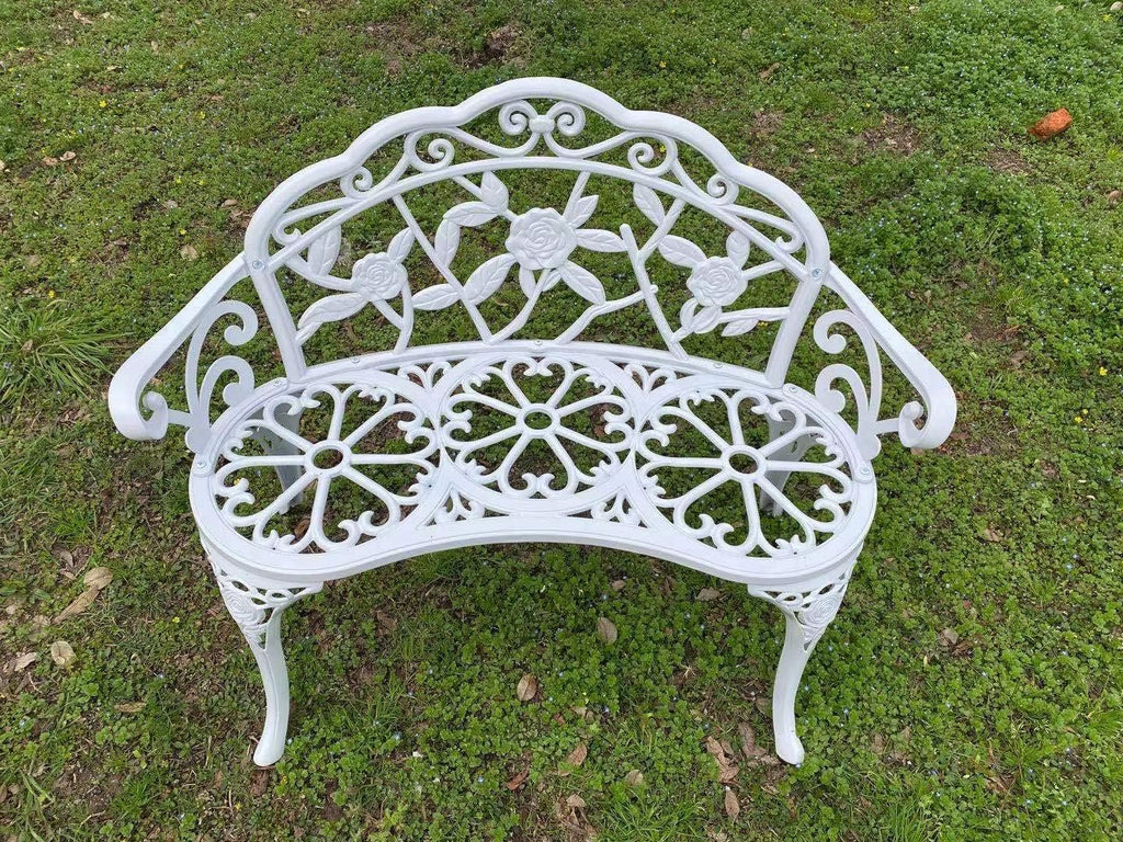 Balcony Bench Double Seat, Anti-Rust Cast Aluminum Patio Garden Bench for Park Yard Outdoor Furniture White.1