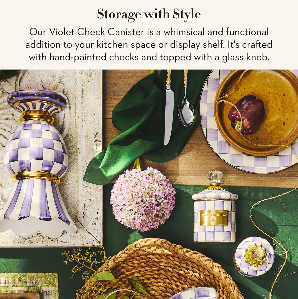 Enamel Canister, Mini, Purple-and-White Violet Check