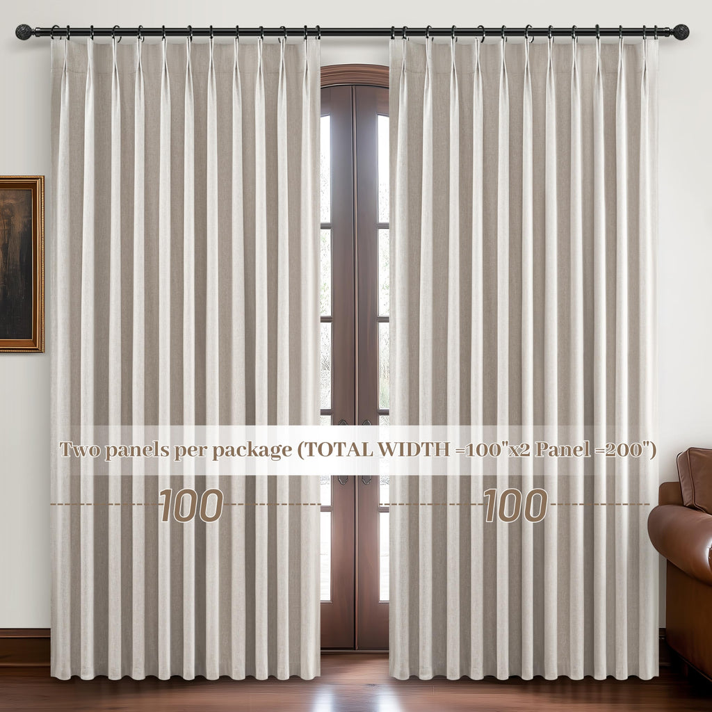 100 Inch Length Extra Wide Pinch Pleated Blackout Curtains 84 Inch Long, Farmhouse Natural Linen Thick Burlap Heavy