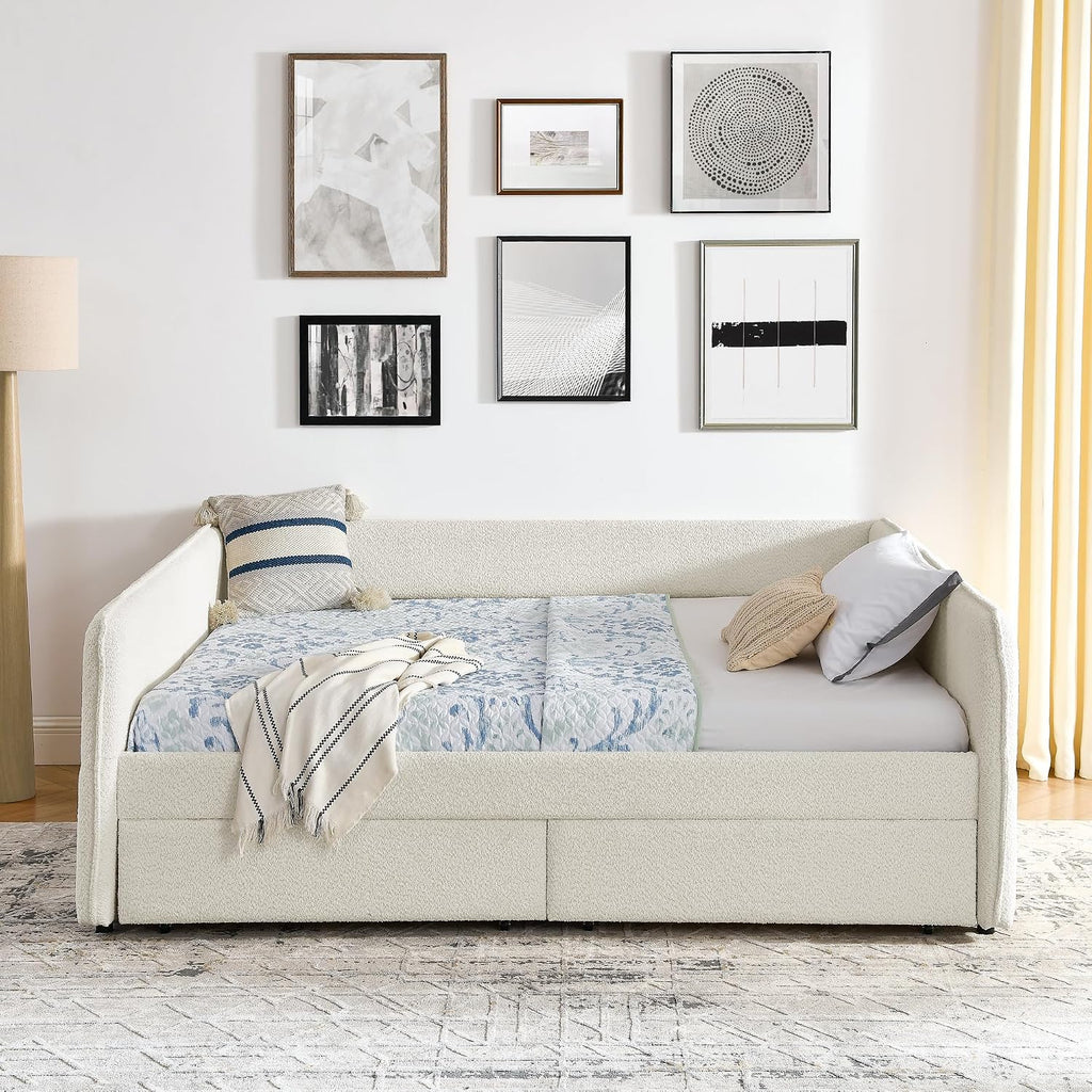Queen Size Boucle Upholstered Daybed with 2 Storage Drawers, Soft Day Bed Living Room Apartment, Easy Assembly-Beige