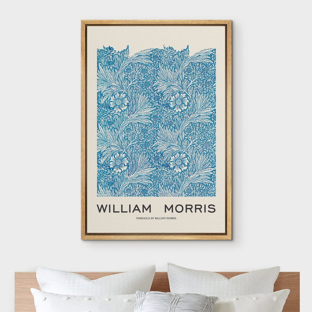 Framed Canvas Print Wall Art Blue Marigold Flowers by William Morris Historic Cultural Illustrations Fine Art