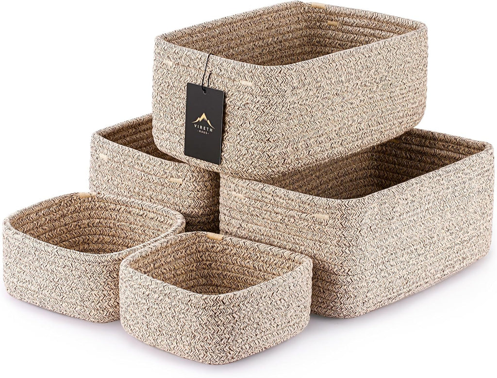 5-Pack Small Woven Rope Storage Baskets, 2 Sizes Organizer Bins | Fabric Cube Boxes and Rectangular Shallow Bins for