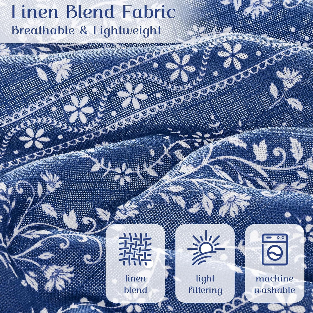 Boho Valance Curtains Vintage Linen Blue Kitchen Valances for Windows Light Filtering Bohemian Floral Valance Rod